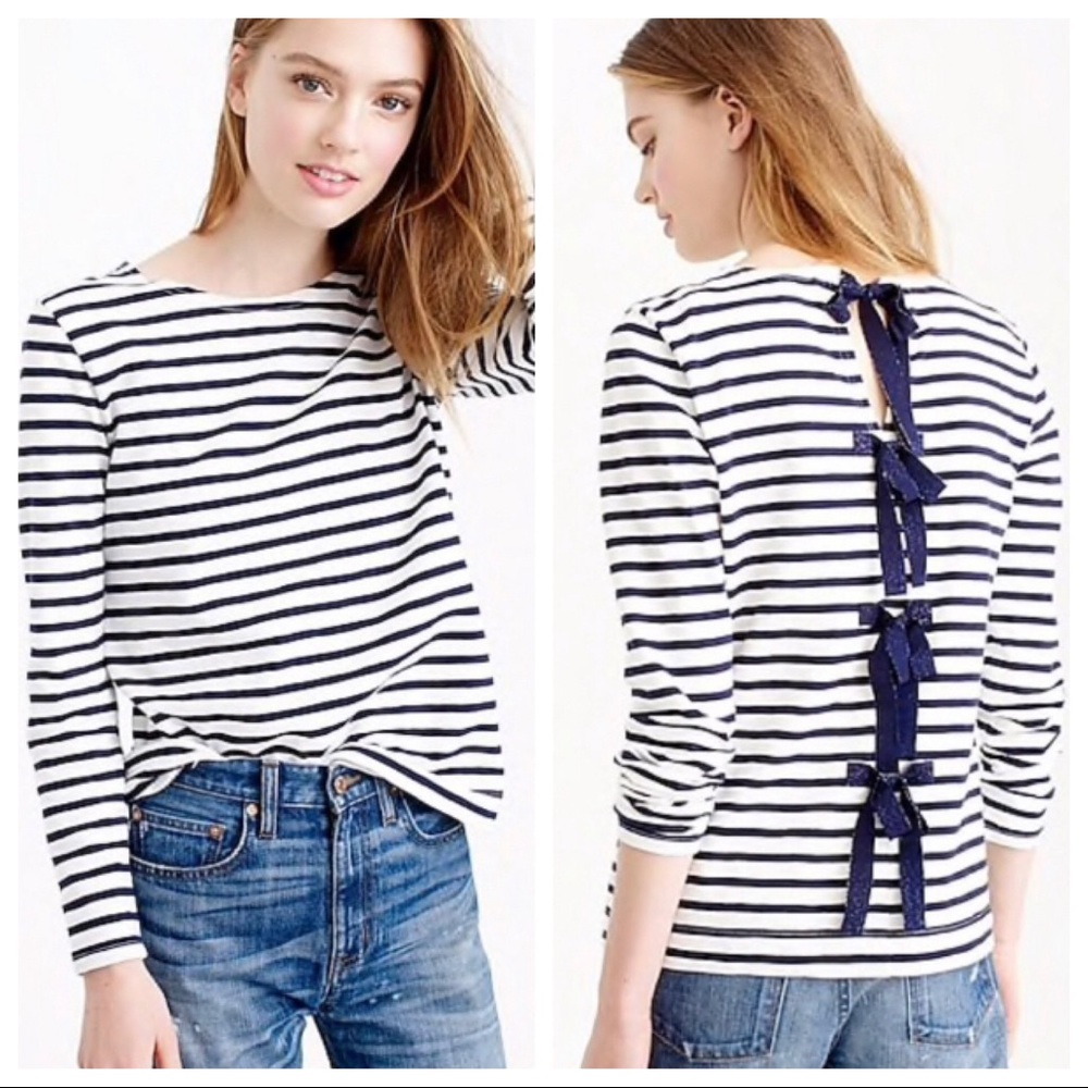 J.Crew Striped Long Sleeve Sparkle Bow Back Top Like New Large Navy and White
